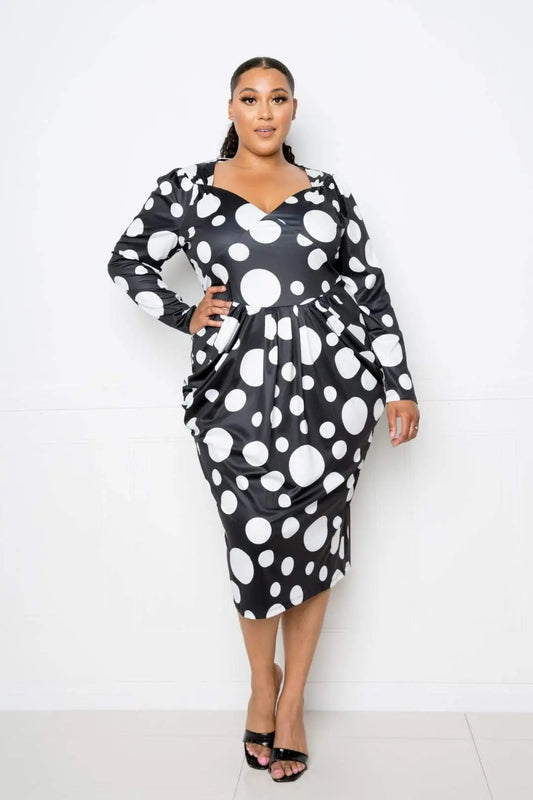 Plus Size Polka Dot Drop Waist Ruched Midi Dress Blue Zone Planet