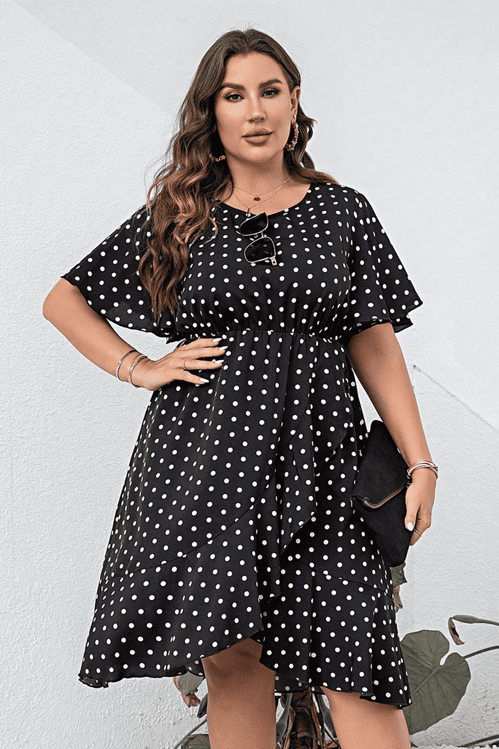 Plus Size Polka Dot Flutter Sleeve Dress BLUE ZONE PLANET