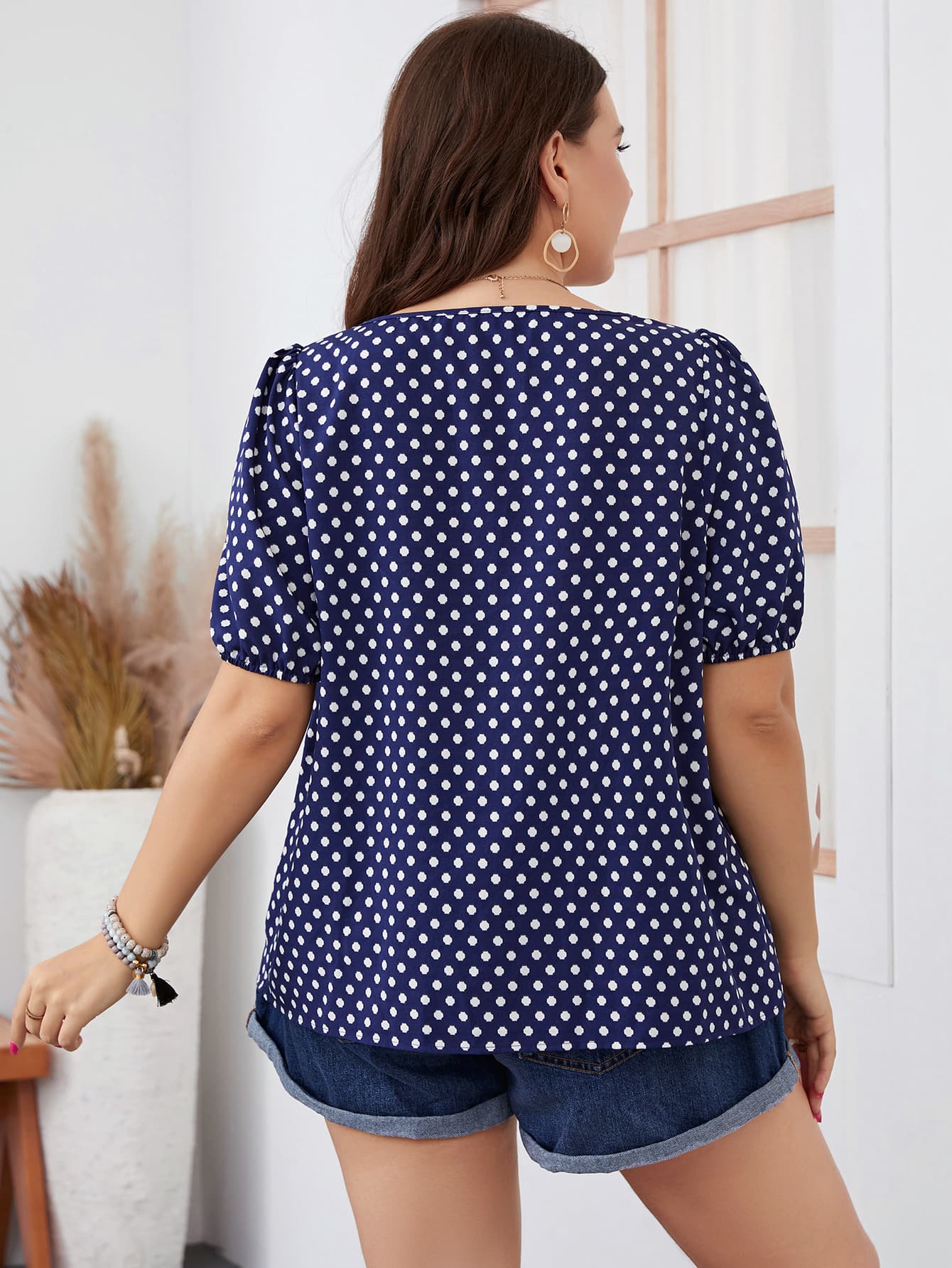 Plus Size Polka Dot Square Neck Blouse BLUE ZONE PLANET