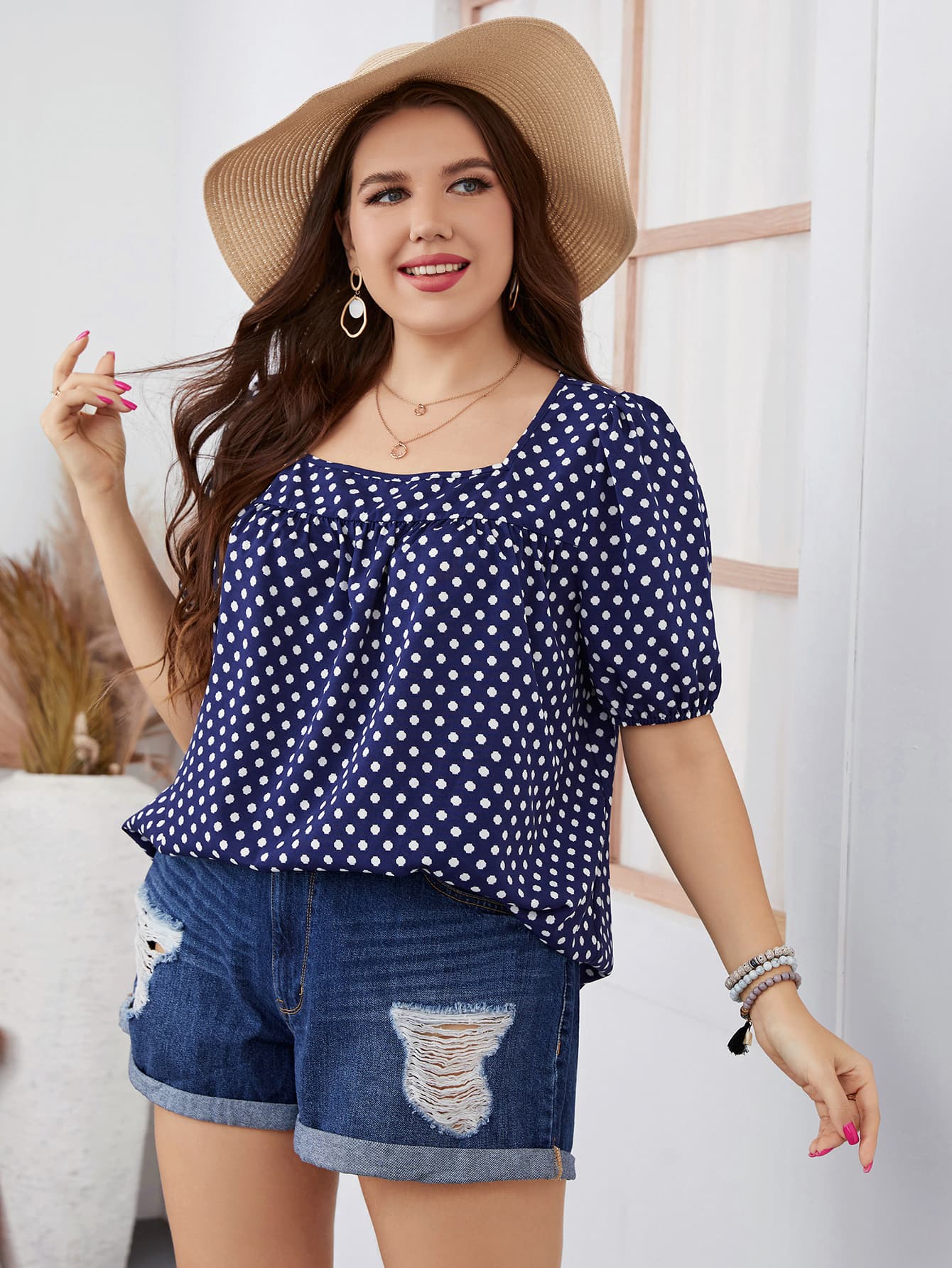 Plus Size Polka Dot Square Neck Blouse BLUE ZONE PLANET