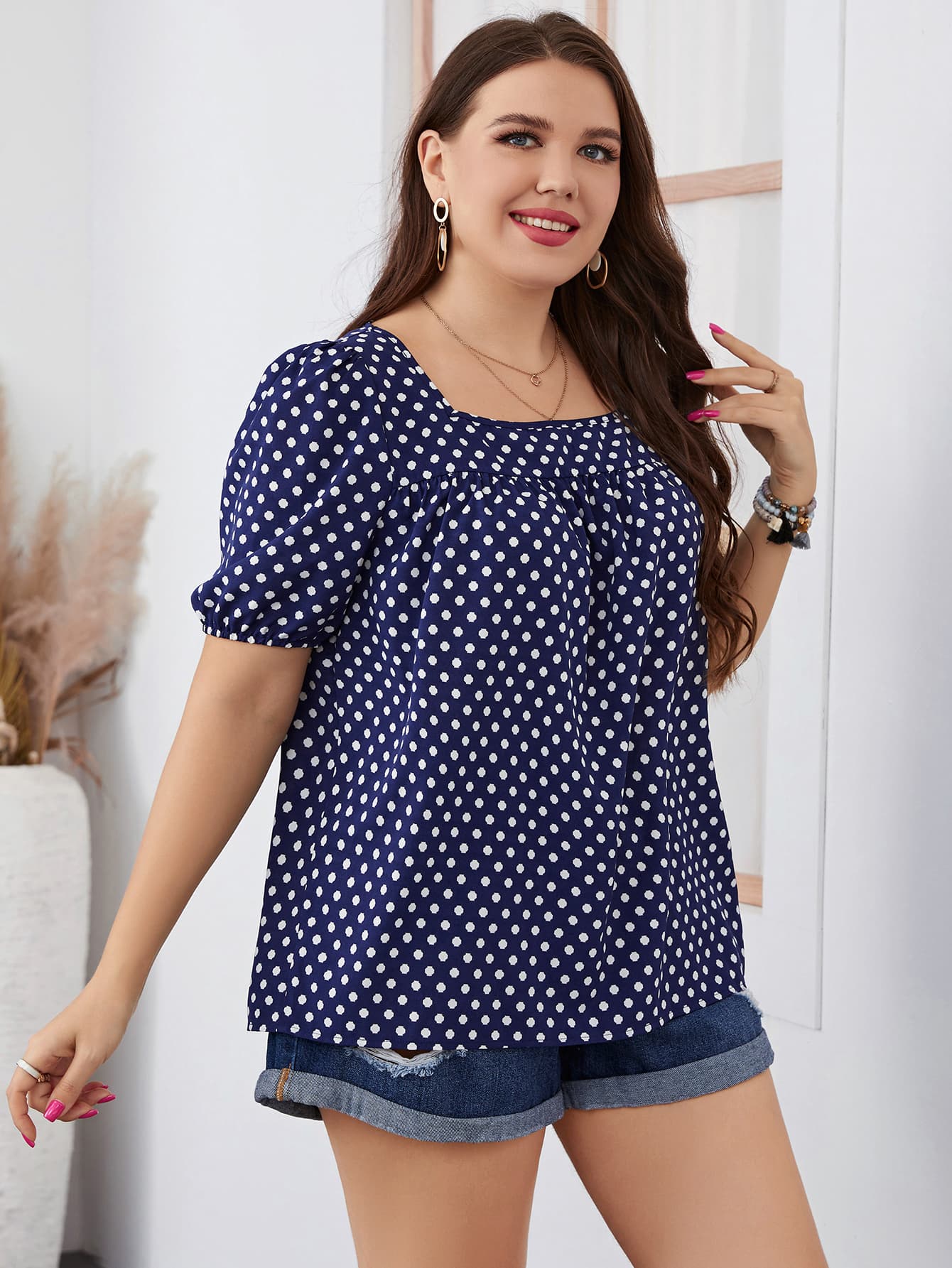 Plus Size Polka Dot Square Neck Blouse BLUE ZONE PLANET