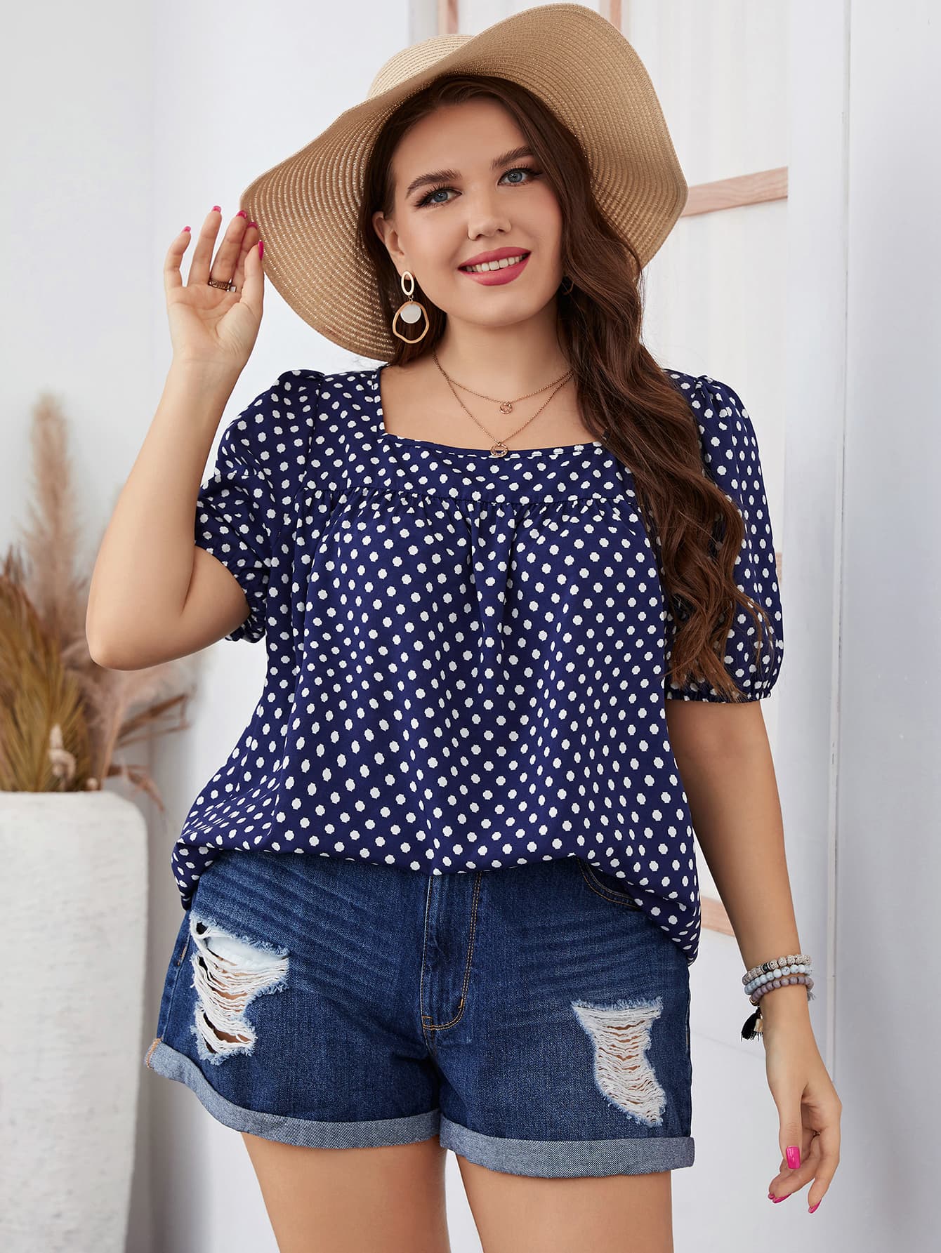 Plus Size Polka Dot Square Neck Blouse BLUE ZONE PLANET