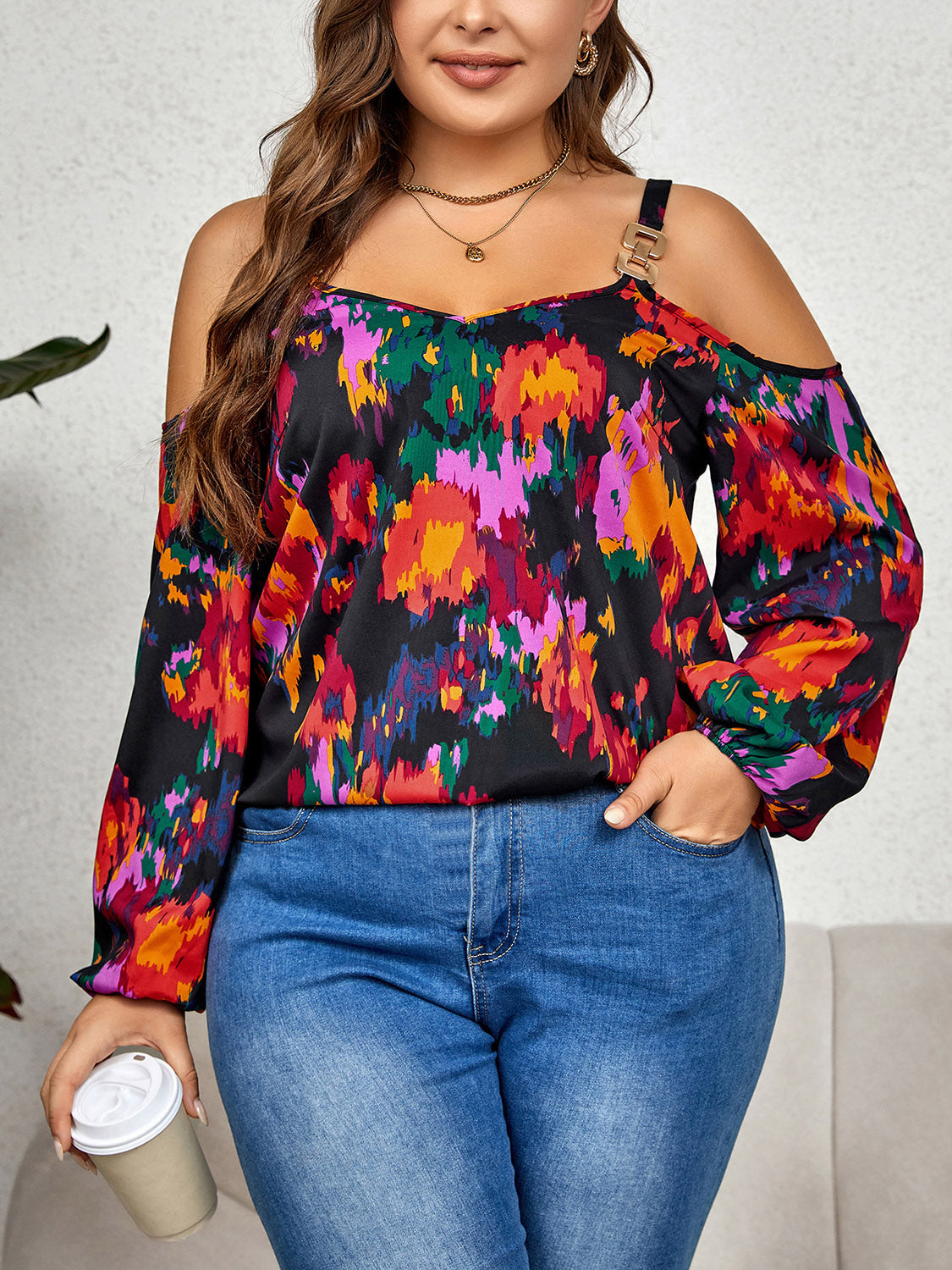 Plus Size Printed Cold Shoulder Long Sleeve Blouse BLUE ZONE PLANET