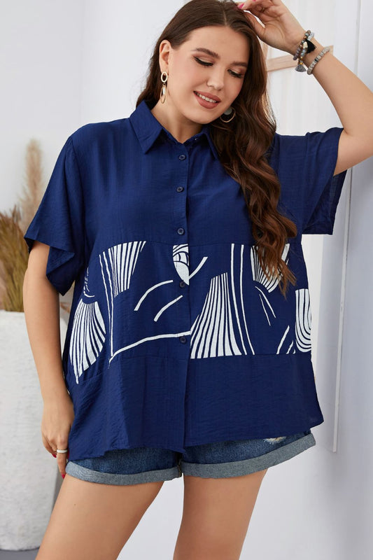 Plus Size Printed Flutter Sleeve Shirt BLUE ZONE PLANET