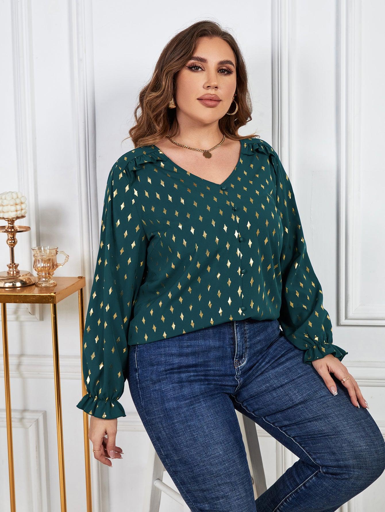 Plus Size Printed Frill Trim Flounce Sleeve Blouse BLUE ZONE PLANET