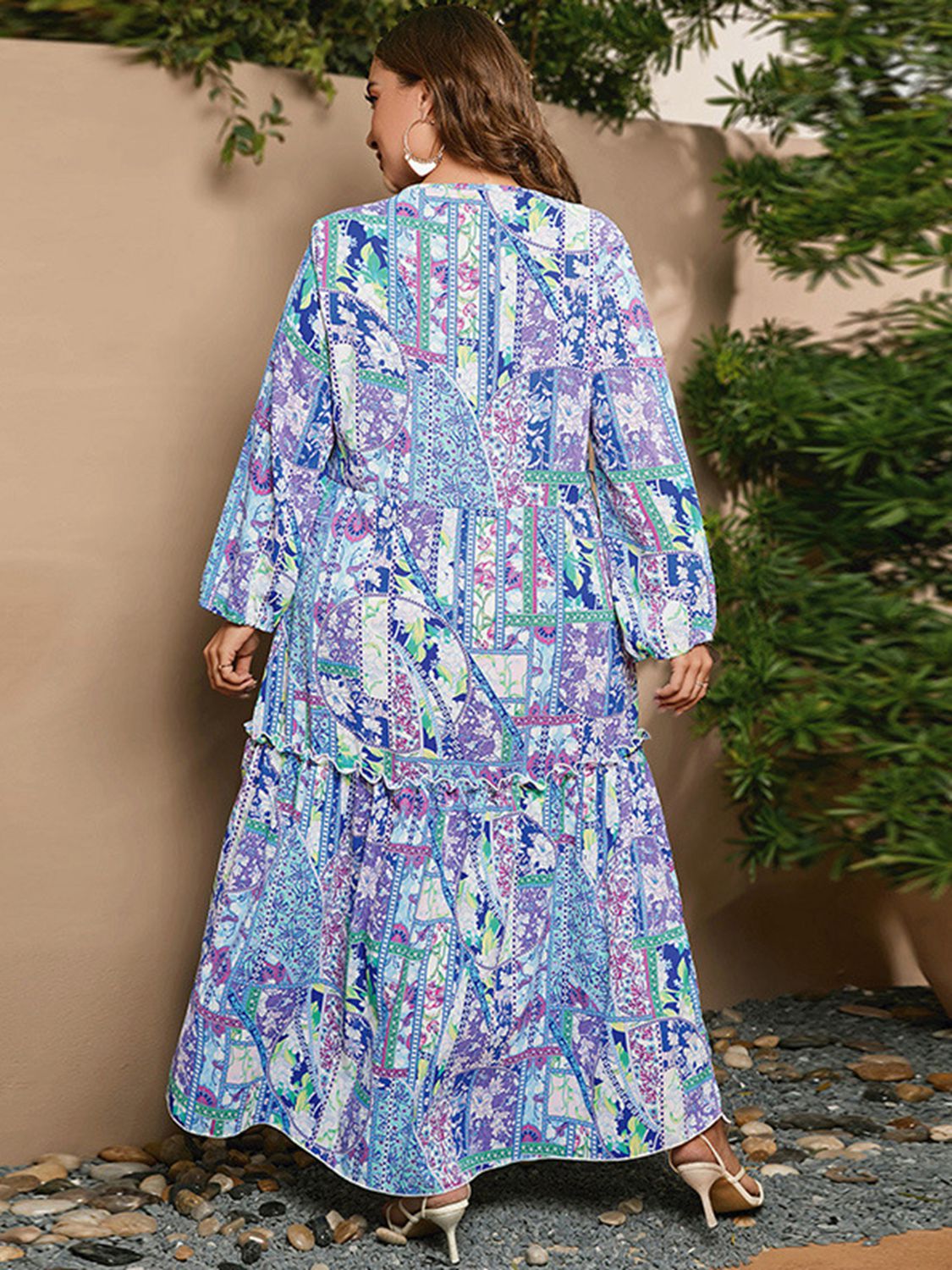 Plus Size Printed Long Sleeve Maxi Dress BLUE ZONE PLANET