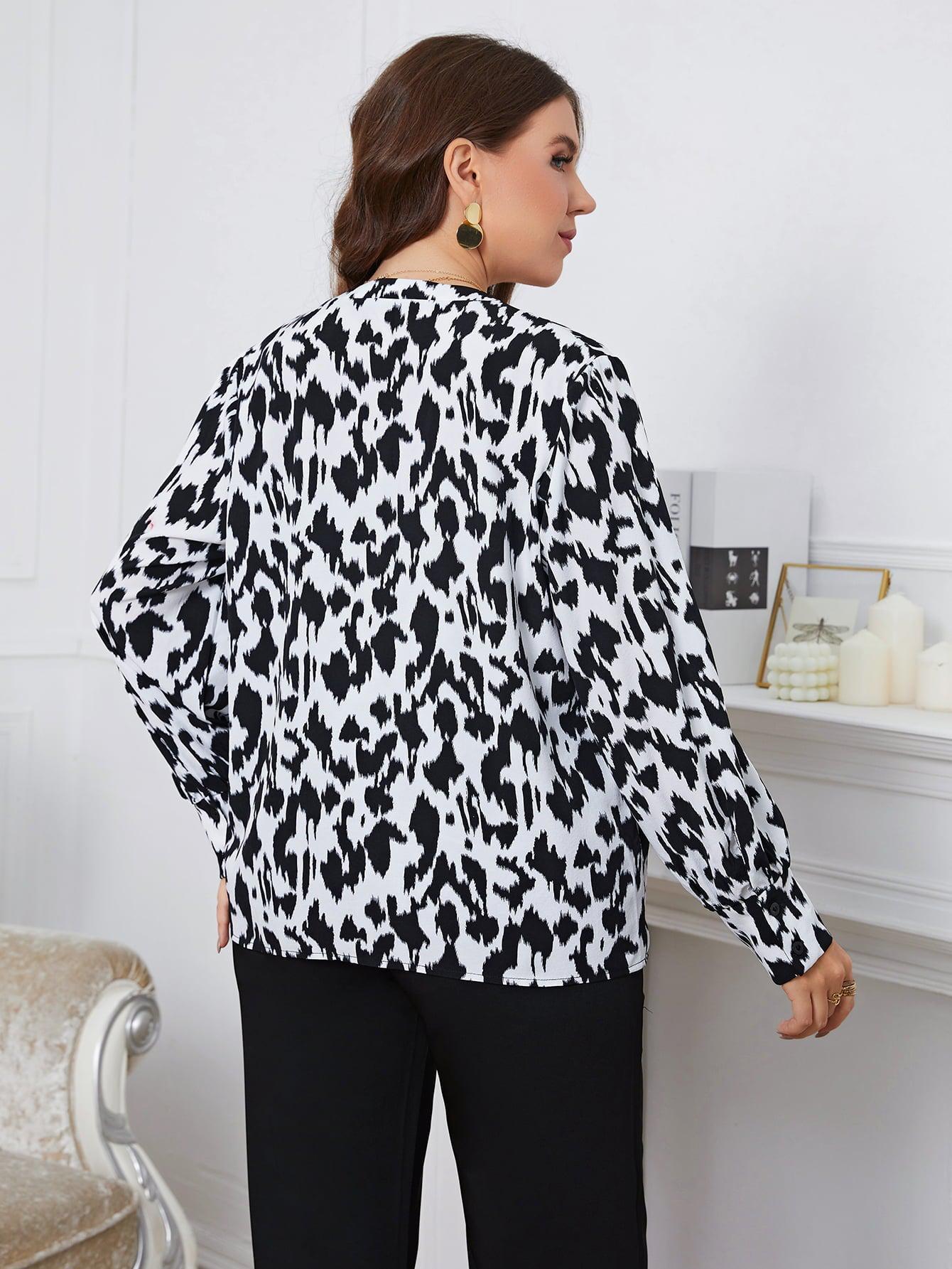 Plus Size Printed Long Sleeve V-Neck Blouse BLUE ZONE PLANET