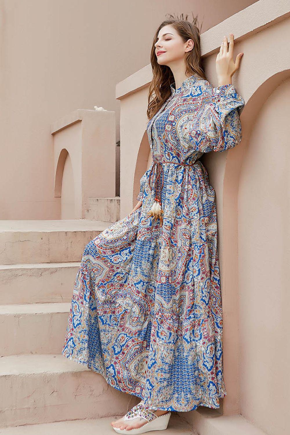 Plus Size Printed Mock Neck Buttoned Maxi Dress BLUE ZONE PLANET