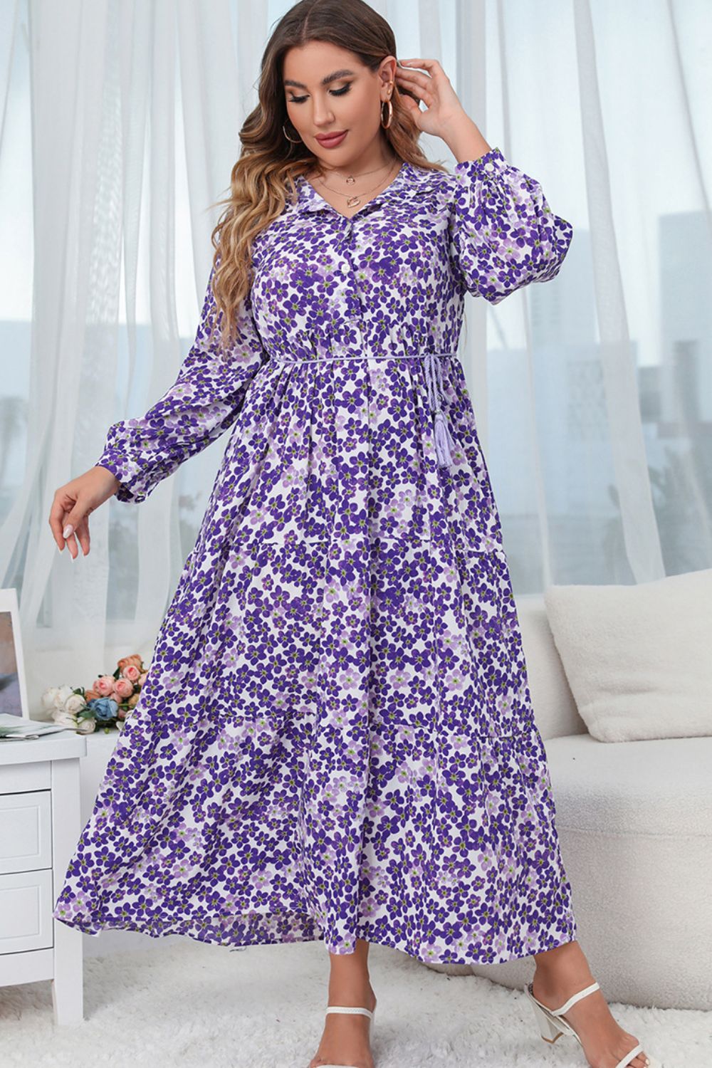 Plus Size Printed Mock Neck Buttoned Maxi Dress BLUE ZONE PLANET