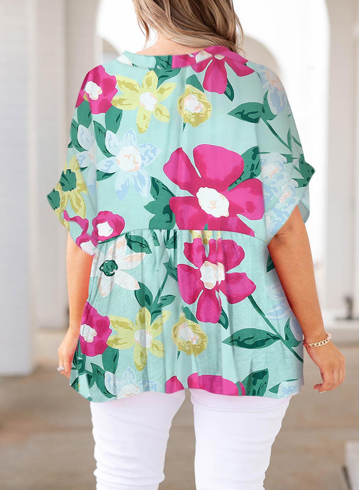 Plus Size Printed Notched Neck Half Sleeve Top BLUE ZONE PLANET