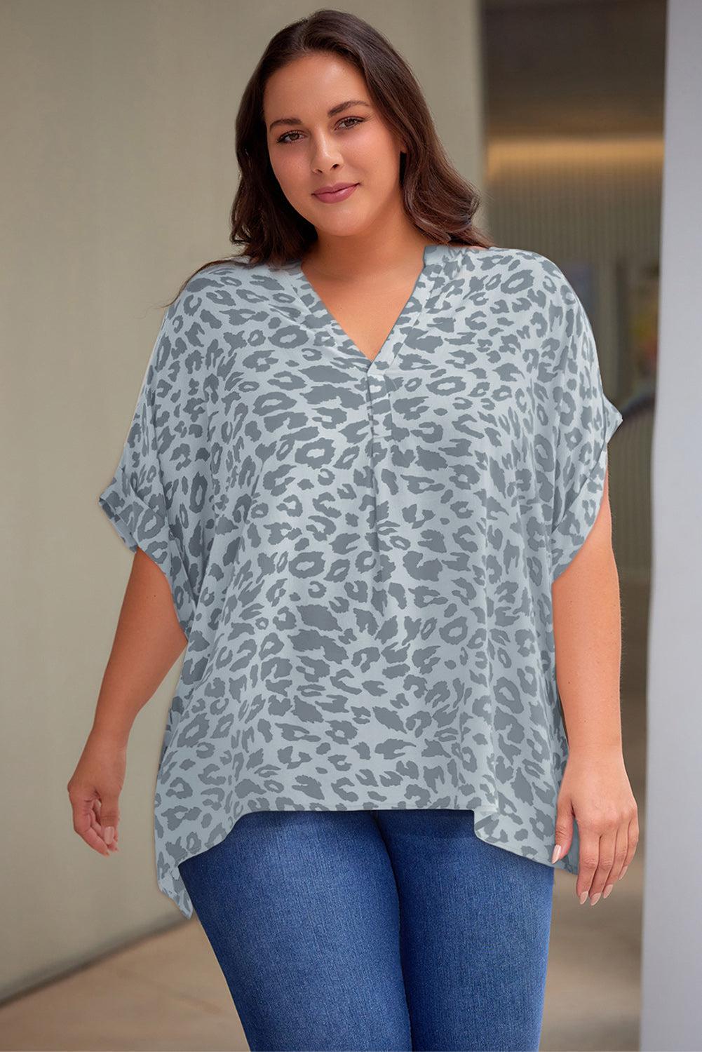 Plus Size Printed Notched Neck Half Sleeve Top BLUE ZONE PLANET