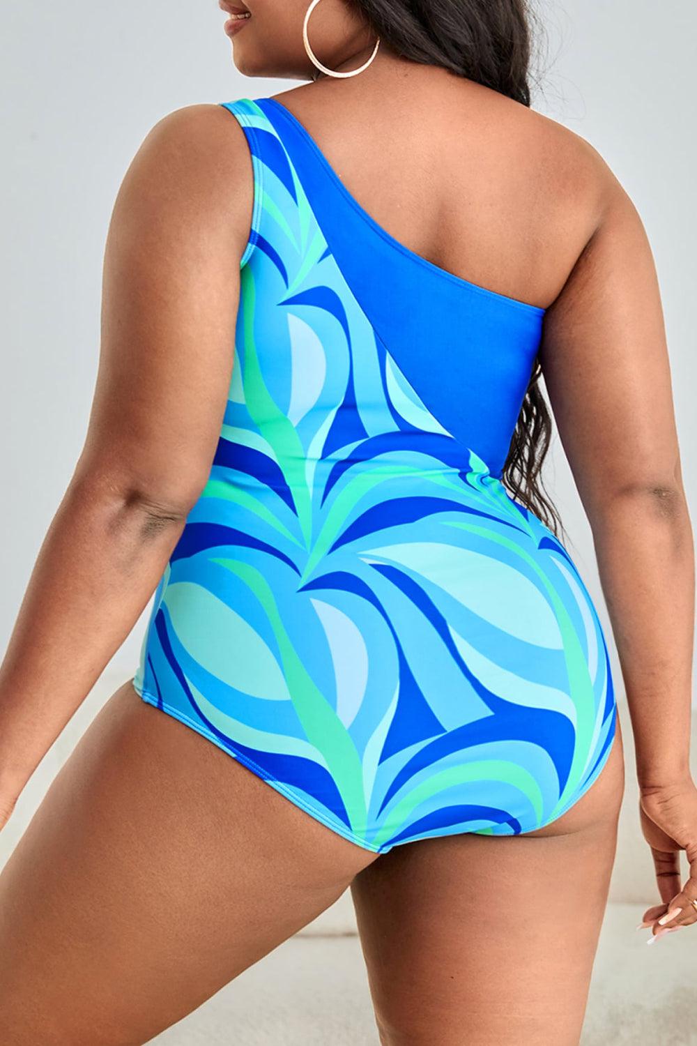 Plus Size Printed Ring Detail One-Shoulder One-Piece Swimsuit BLUE ZONE PLANET