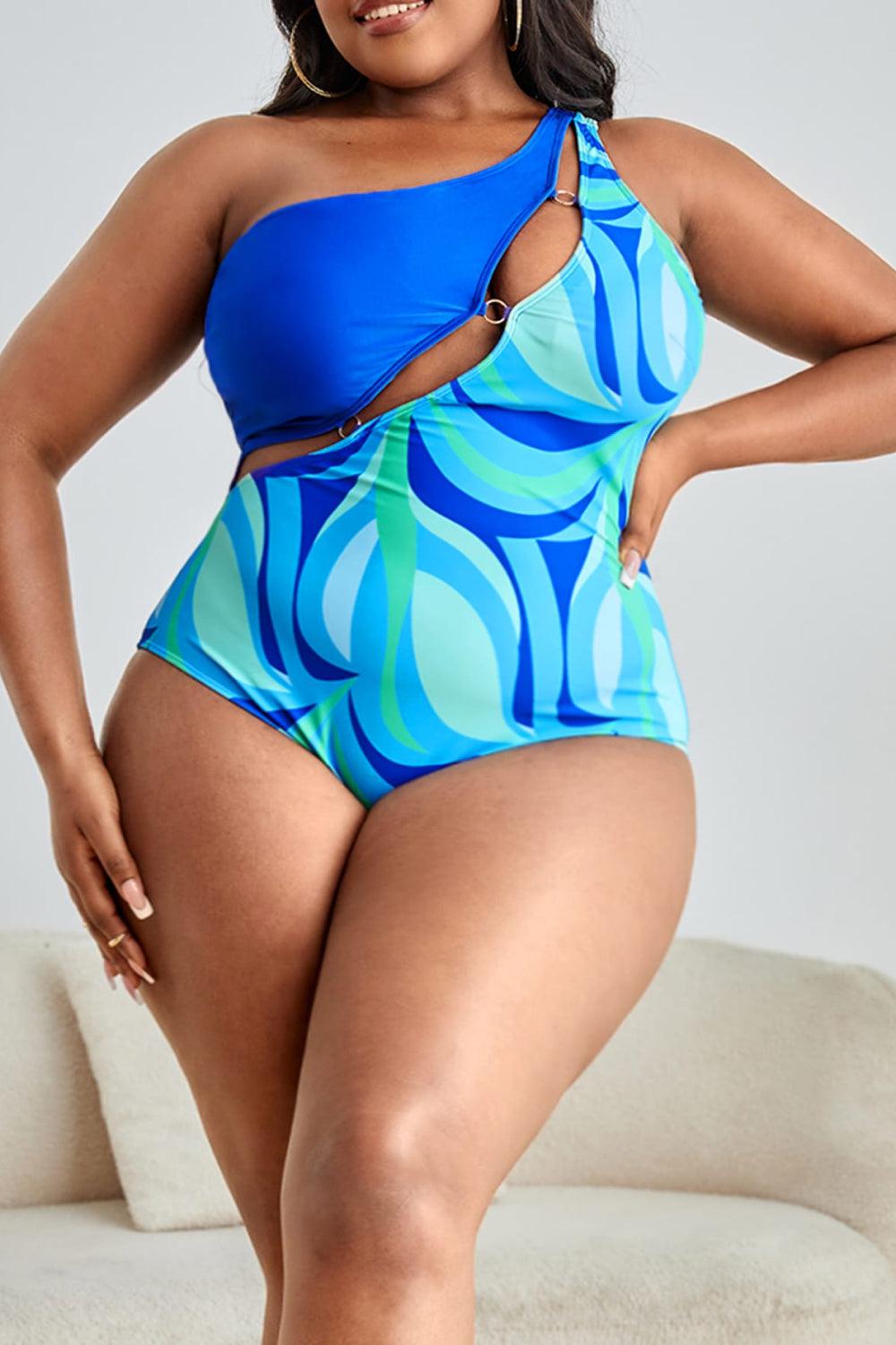 Plus Size Printed Ring Detail One-Shoulder One-Piece Swimsuit BLUE ZONE PLANET