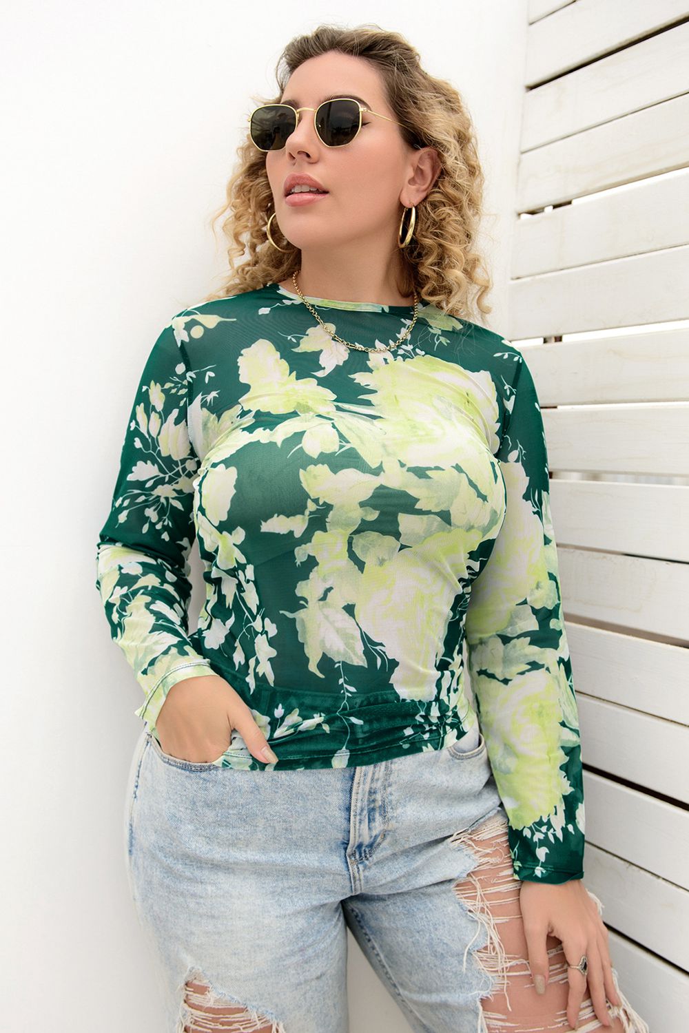 Plus Size Printed Round Neck Long Sleeve Blouse BLUE ZONE PLANET