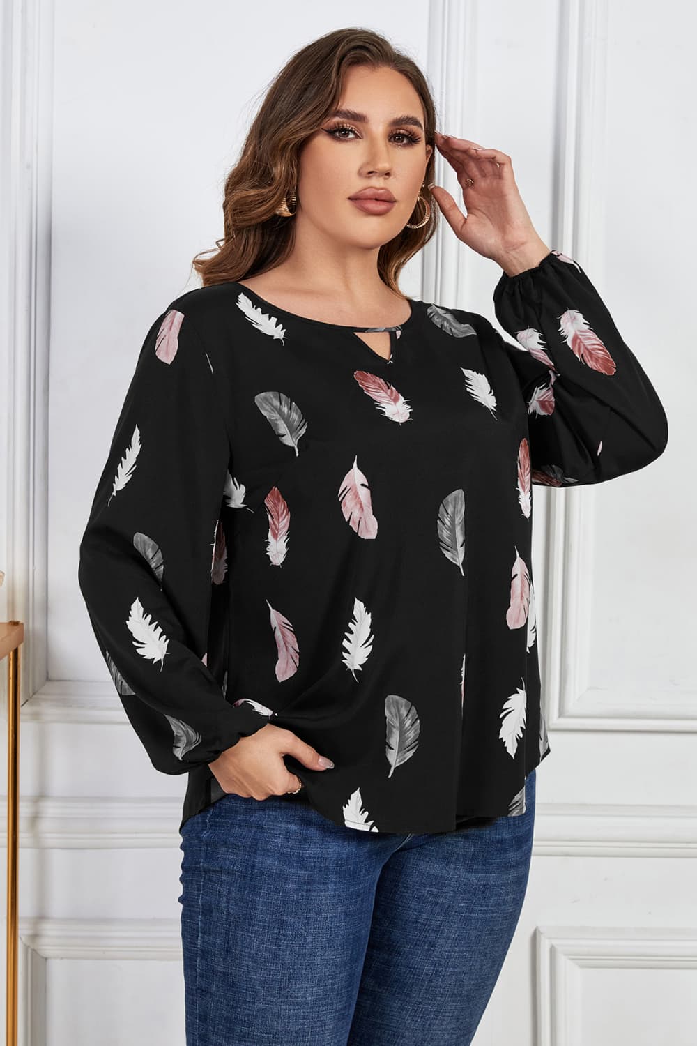 Plus Size Printed Round Neck Long Sleeve Cutout Blouse BLUE ZONE PLANET