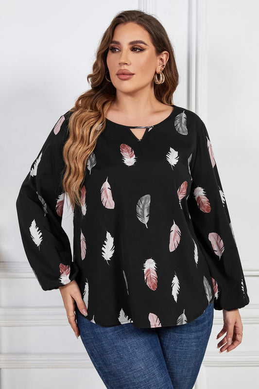Plus Size Printed Round Neck Long Sleeve Cutout Blouse BLUE ZONE PLANET