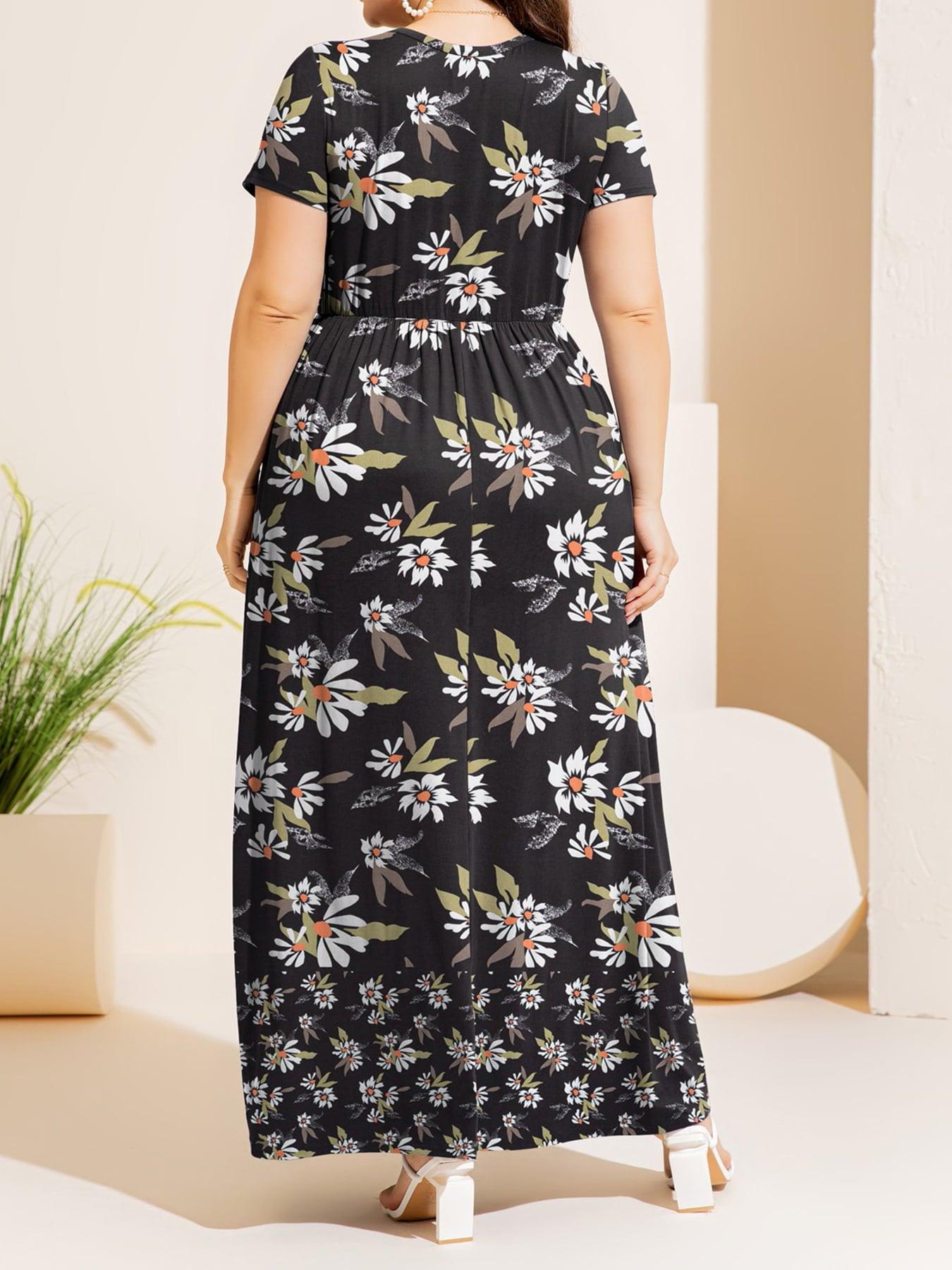 Plus Size Printed Round Neck Short Sleeve Maxi Dress BLUE ZONE PLANET