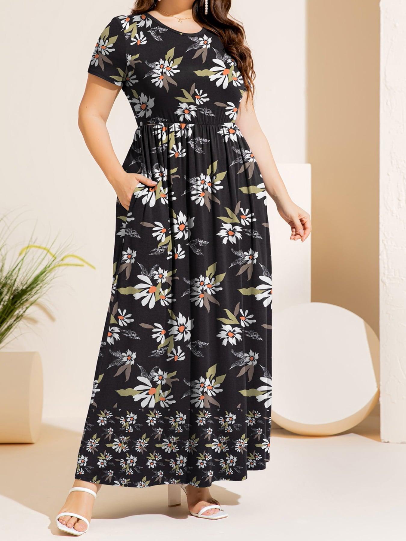 Plus Size Printed Round Neck Short Sleeve Maxi Dress BLUE ZONE PLANET