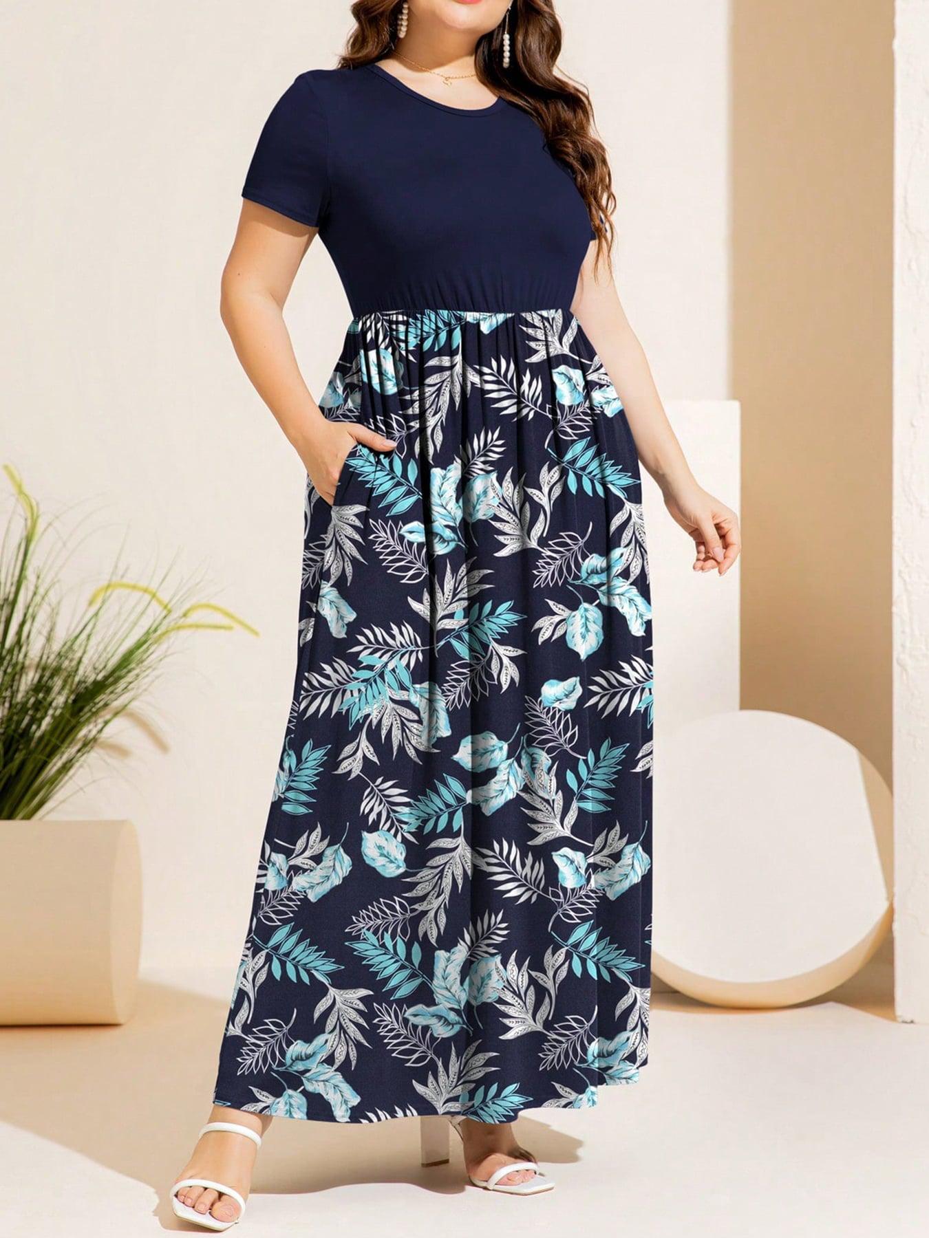 Plus Size Printed Round Neck Short Sleeve Maxi Dress BLUE ZONE PLANET