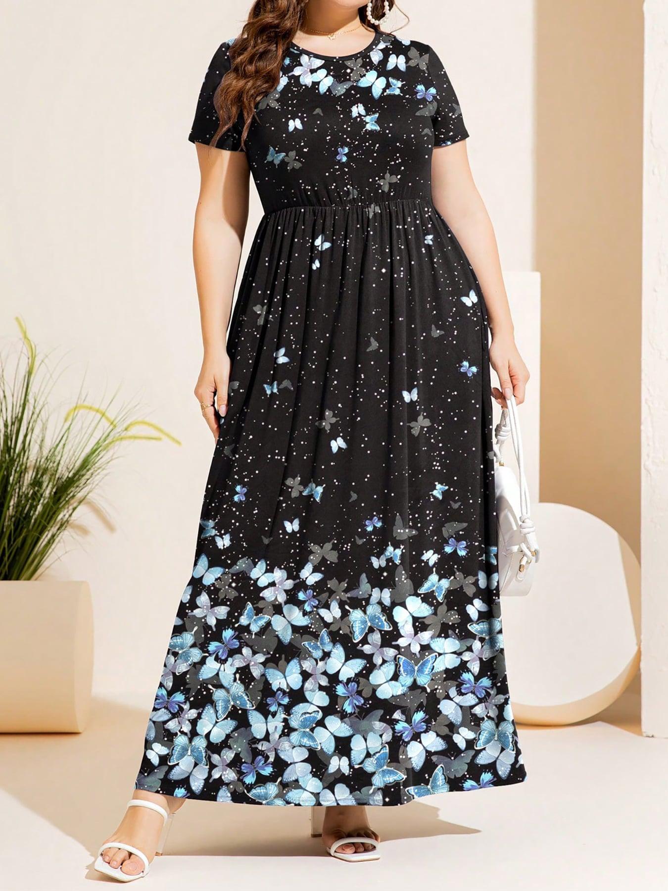 Plus Size Printed Round Neck Short Sleeve Maxi Dress BLUE ZONE PLANET