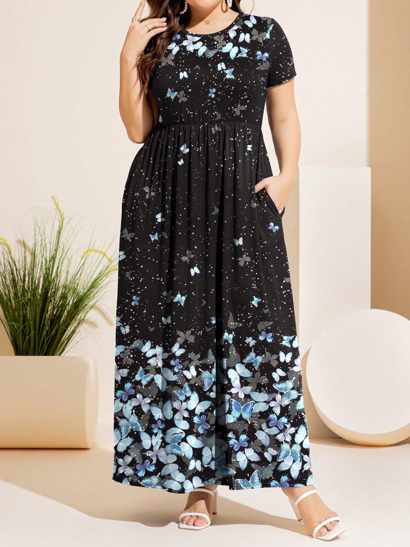 Plus Size Printed Round Neck Short Sleeve Maxi Dress BLUE ZONE PLANET