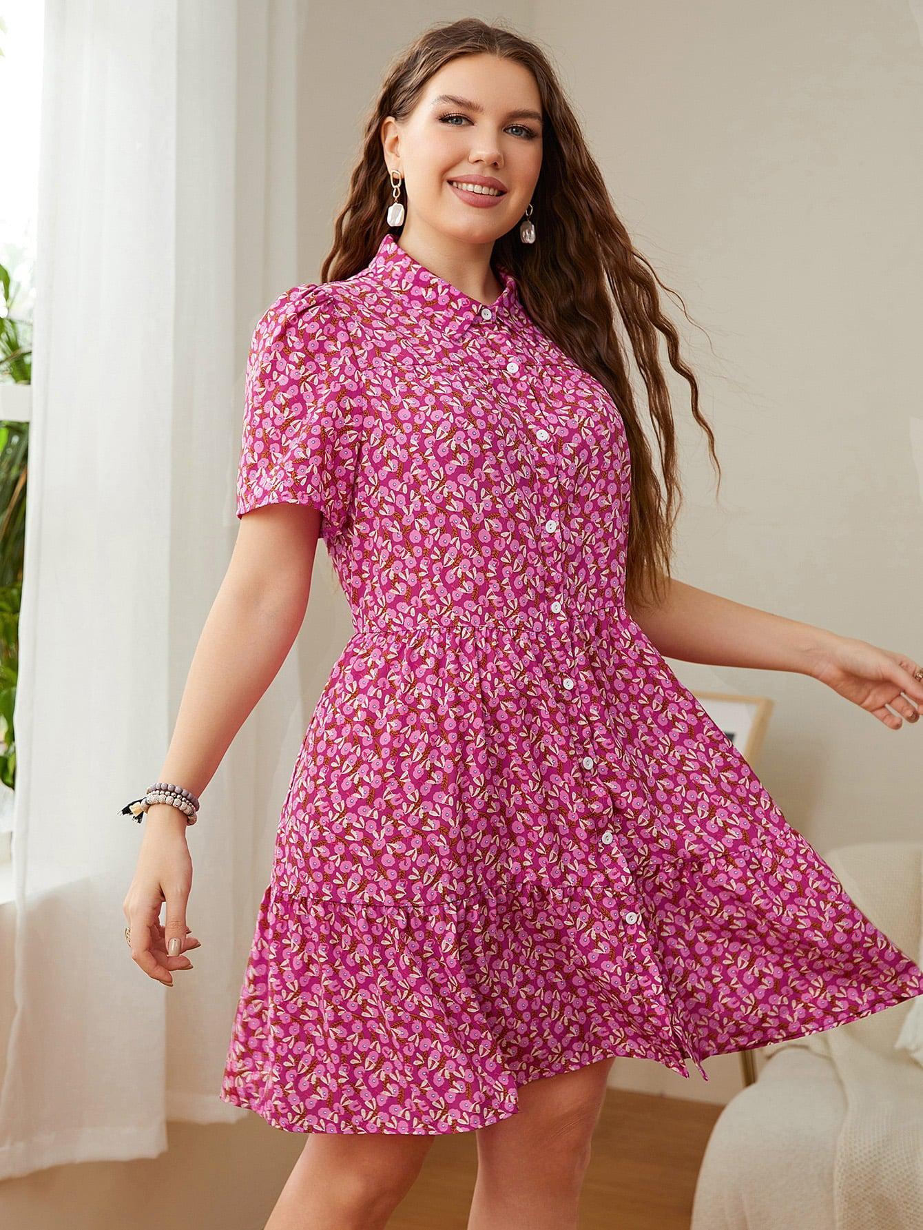 Plus Size Printed Short Sleeve Collared Dress BLUE ZONE PLANET