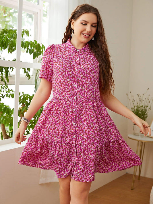 Plus Size Printed Short Sleeve Collared Dress BLUE ZONE PLANET