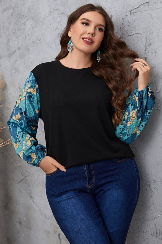Plus Size Printed Sleeve Round Neck Blouse BLUE ZONE PLANET