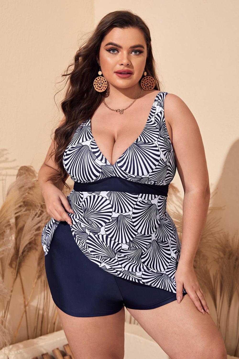 Plus Size Printed Sleeveless Top and Shorts Swim Set BLUE ZONE PLANET