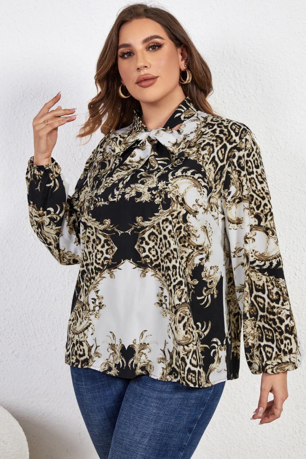 Plus Size Printed Tie Neck Long Sleeve Blouse BLUE ZONE PLANET