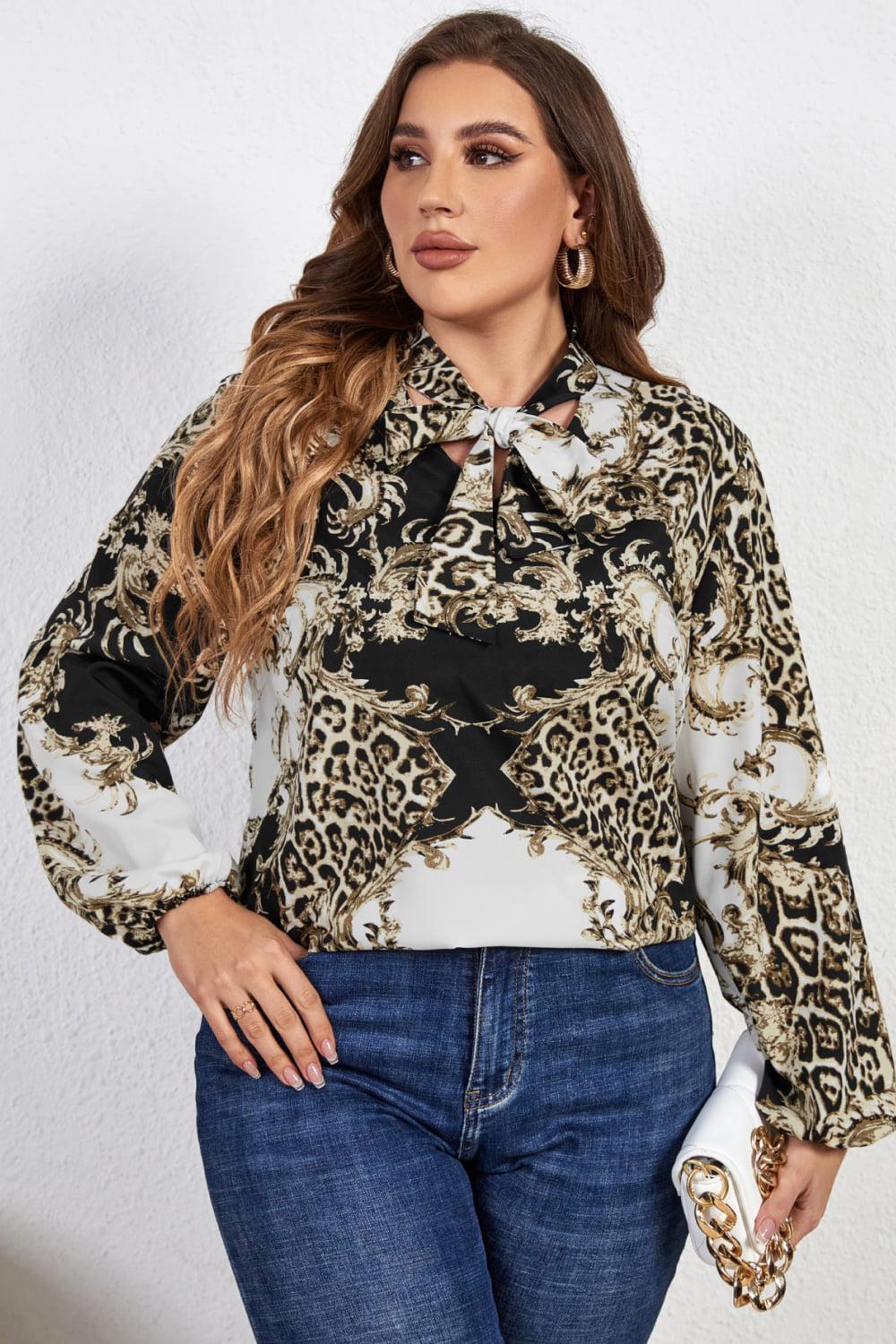 Plus Size Printed Tie Neck Long Sleeve Blouse BLUE ZONE PLANET