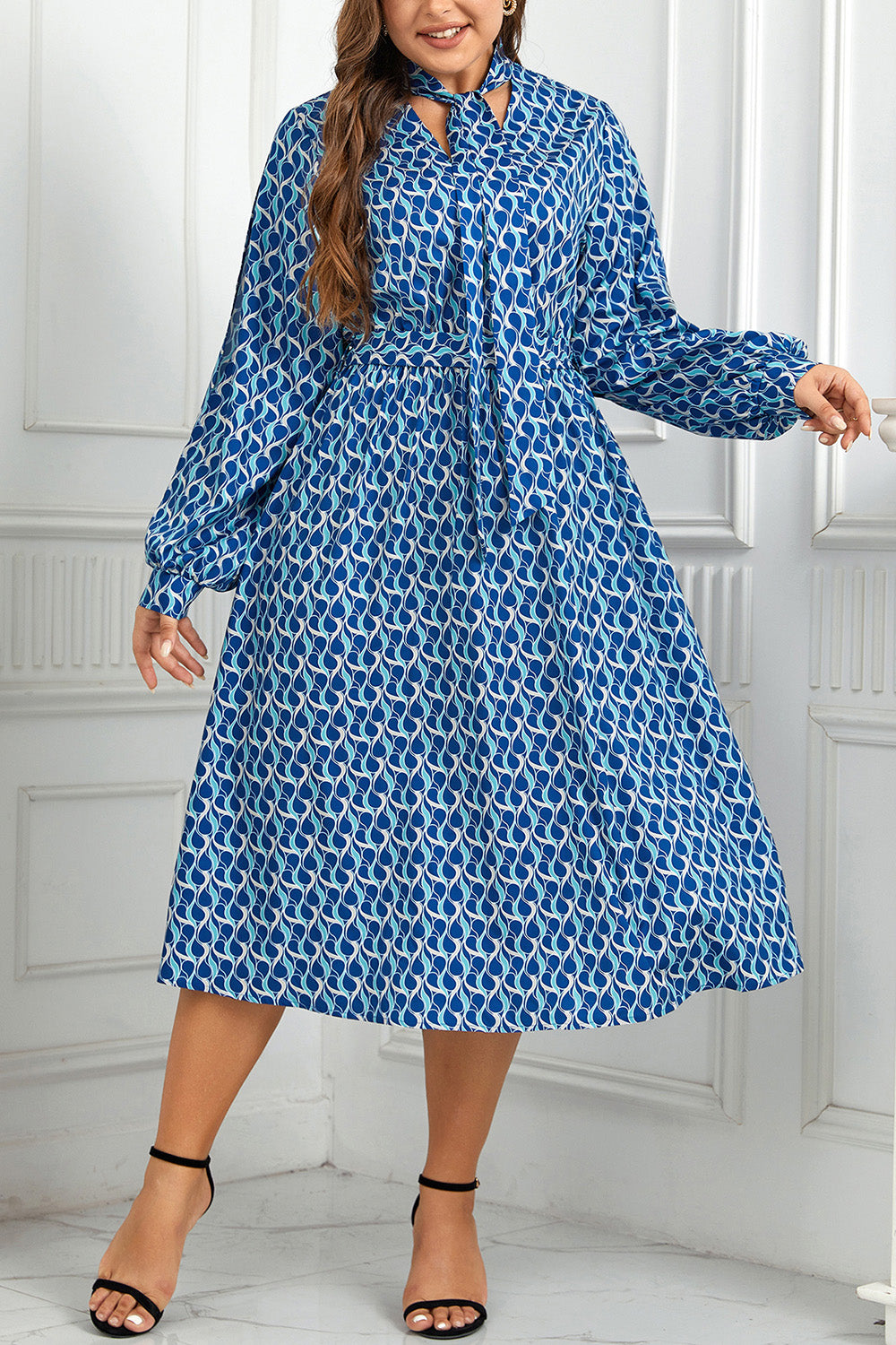 Plus Size Printed Tie Neck Midi Dress BLUE ZONE PLANET