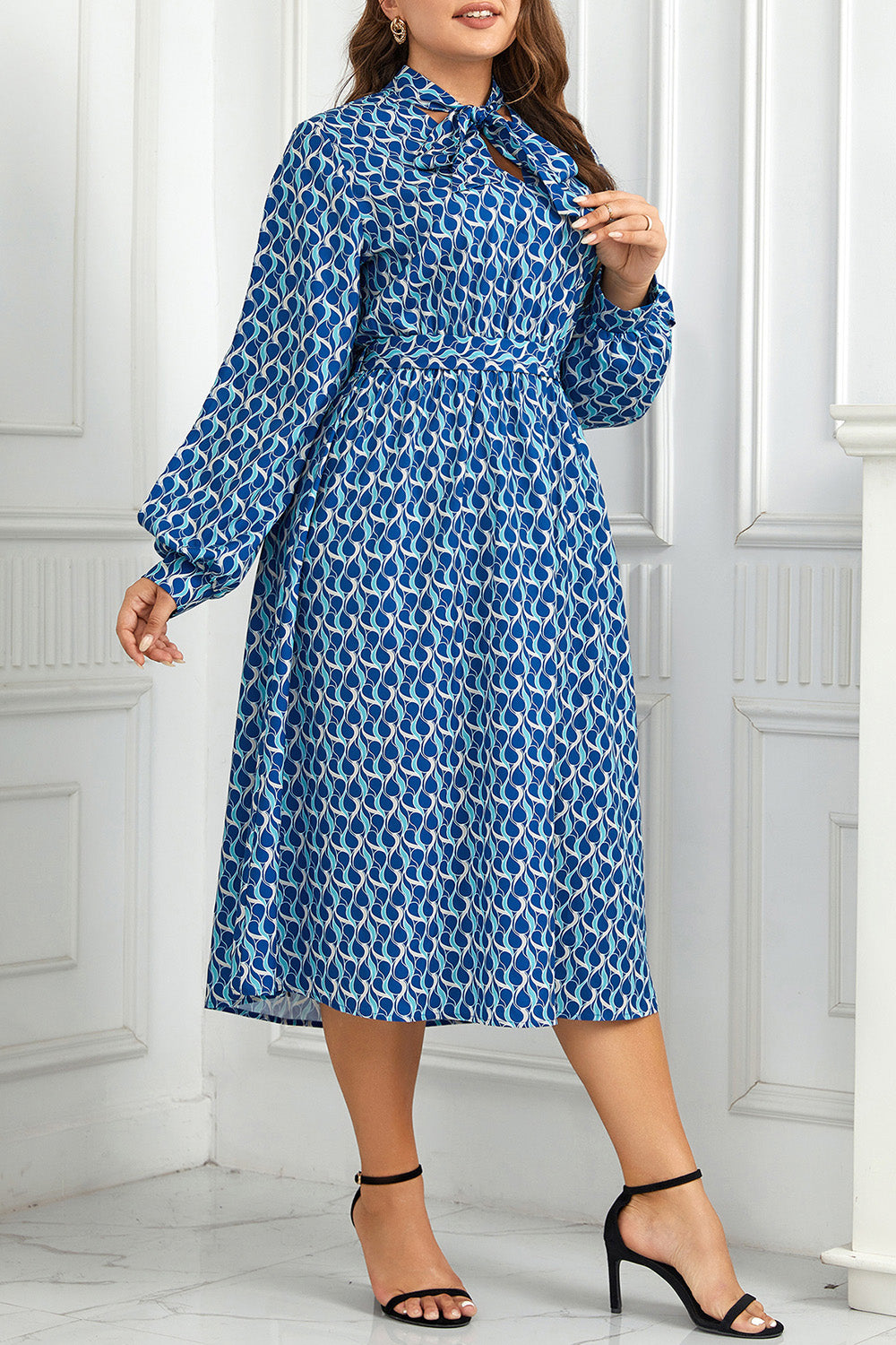 Plus Size Printed Tie Neck Midi Dress BLUE ZONE PLANET