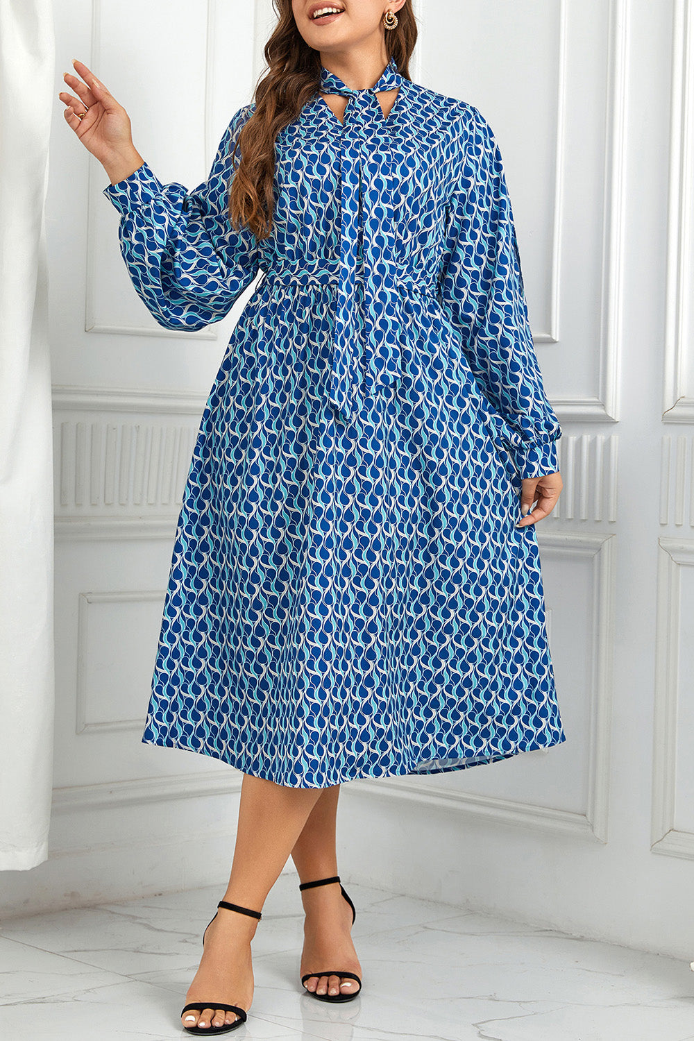 Plus Size Printed Tie Neck Midi Dress BLUE ZONE PLANET