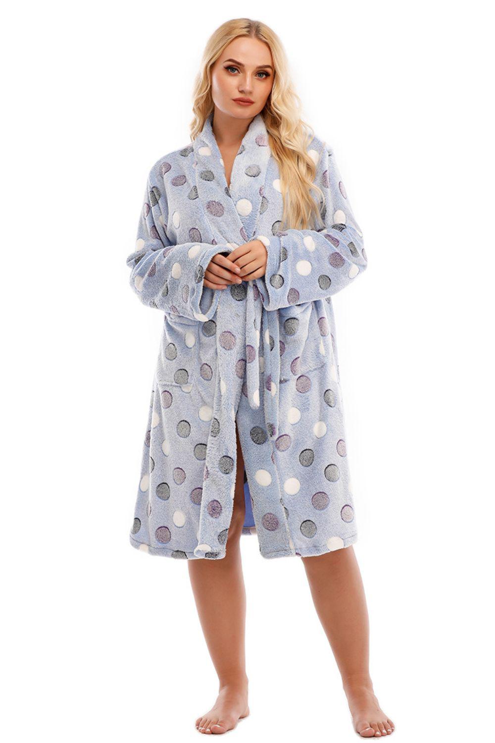 Plus Size Printed Tie Waist Robe with Pocket BLUE ZONE PLANET