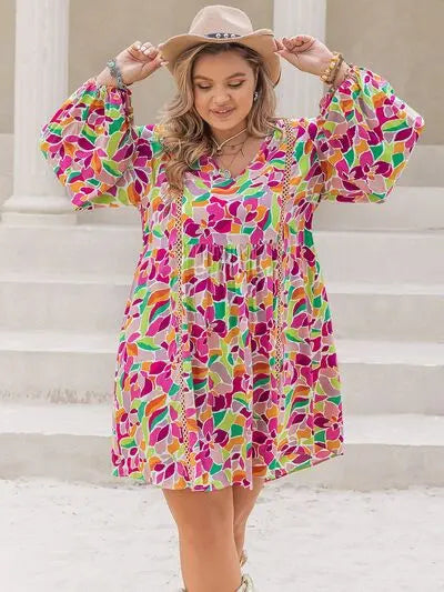 Plus Size Printed V-Neck Balloon Sleeve Mini Dress BLUE ZONE PLANET