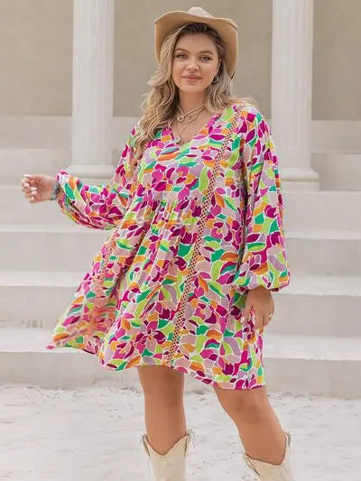 Plus Size Printed V-Neck Balloon Sleeve Mini Dress BLUE ZONE PLANET