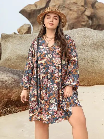 Plus Size Printed V-Neck Balloon Sleeve Mini Dress BLUE ZONE PLANET