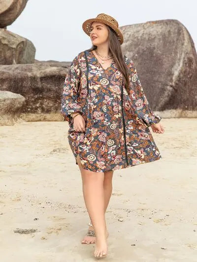 Plus Size Printed V-Neck Balloon Sleeve Mini Dress BLUE ZONE PLANET