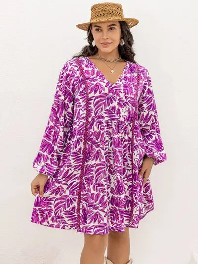 Plus Size Printed V-Neck Balloon Sleeve Mini Dress BLUE ZONE PLANET