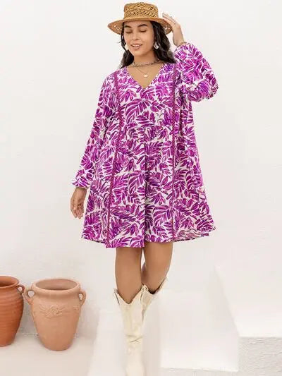 Plus Size Printed V-Neck Balloon Sleeve Mini Dress BLUE ZONE PLANET