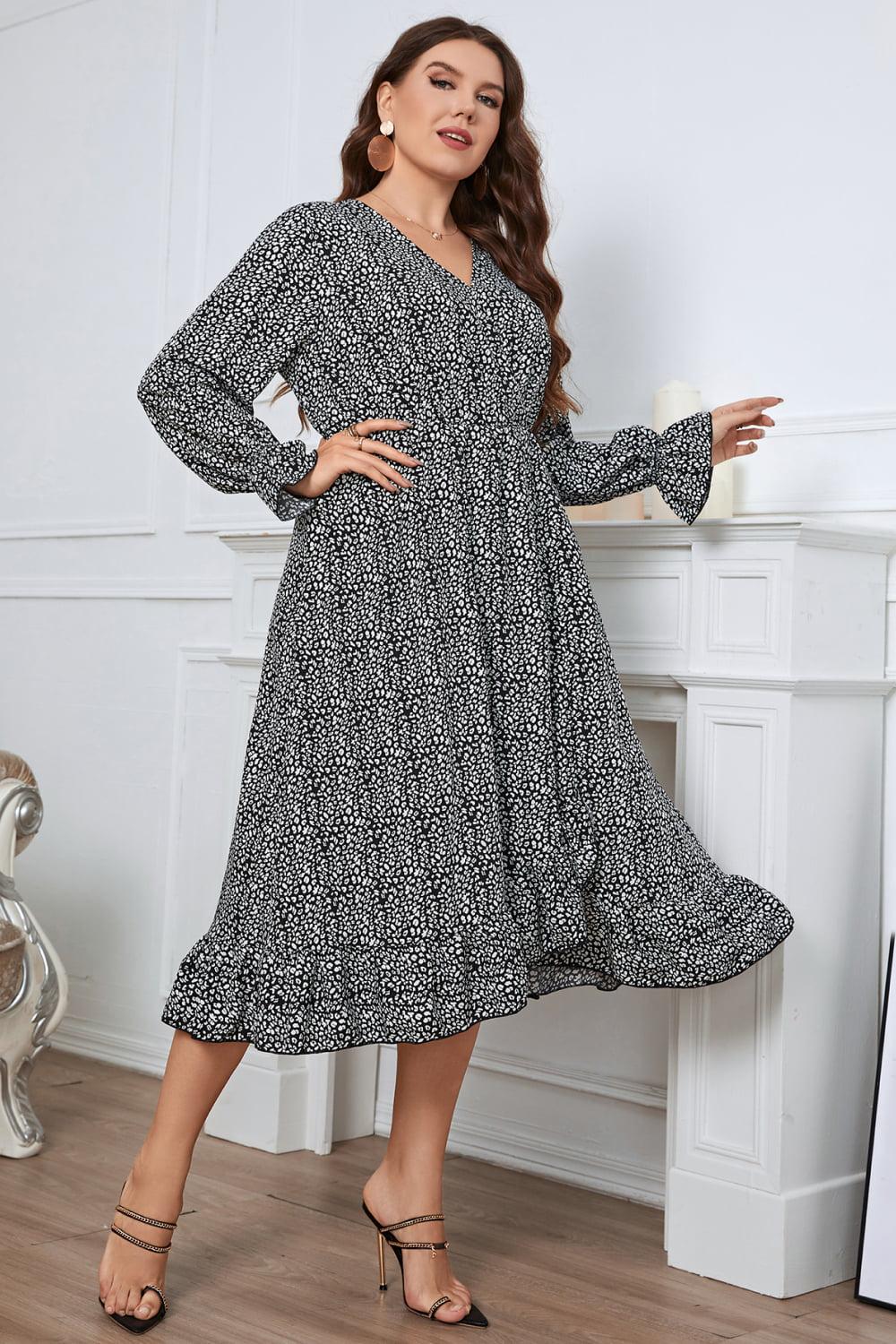 Plus Size Printed V-Neck Flounce Sleeve Midi Dress BLUE ZONE PLANET