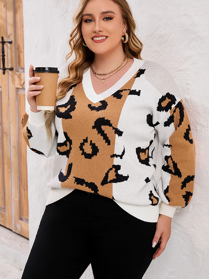 Plus Size Printed V-Neck Long Sleeve Sweater BLUE ZONE PLANET