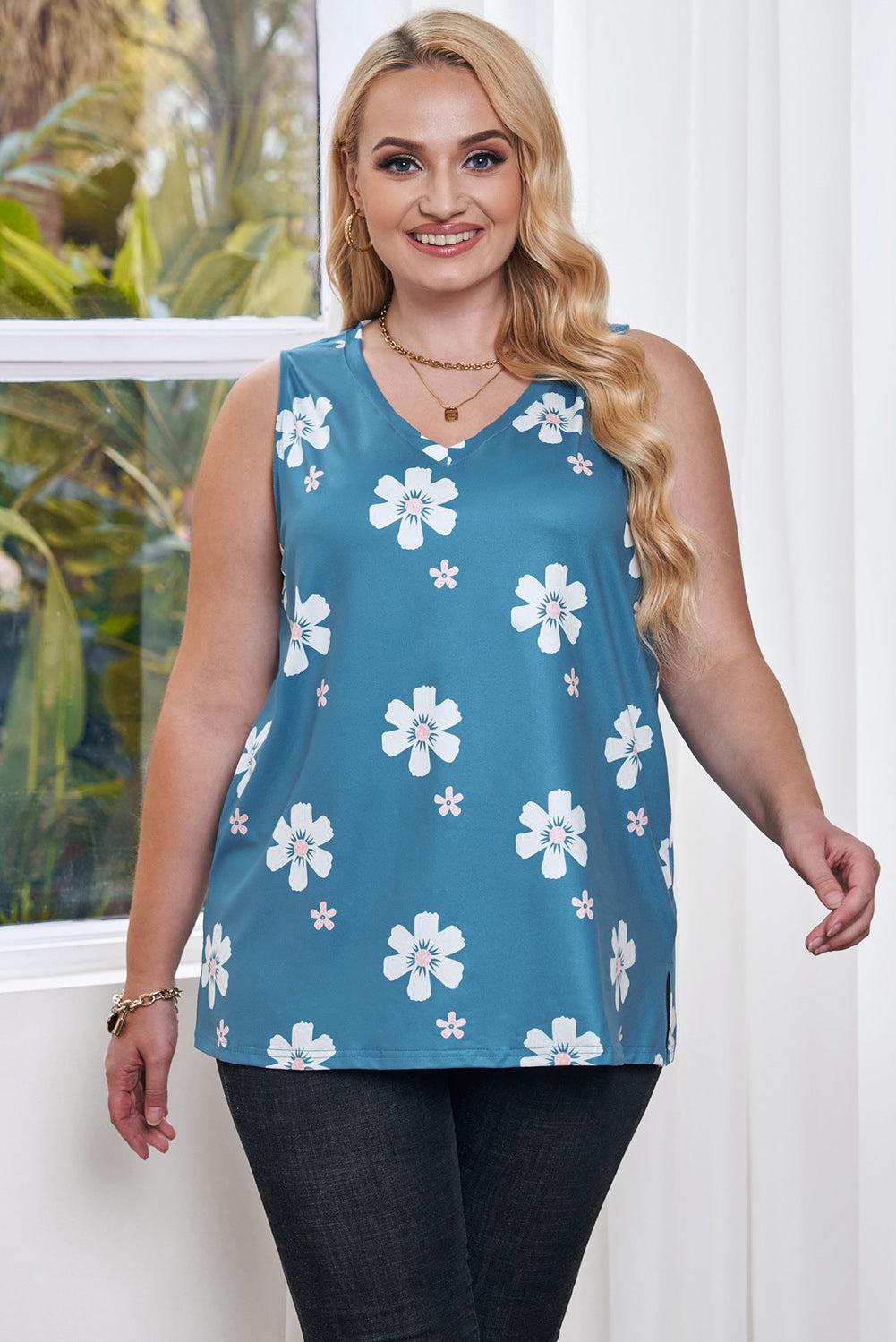 Plus Size Printed V-Neck Tank BLUE ZONE PLANET