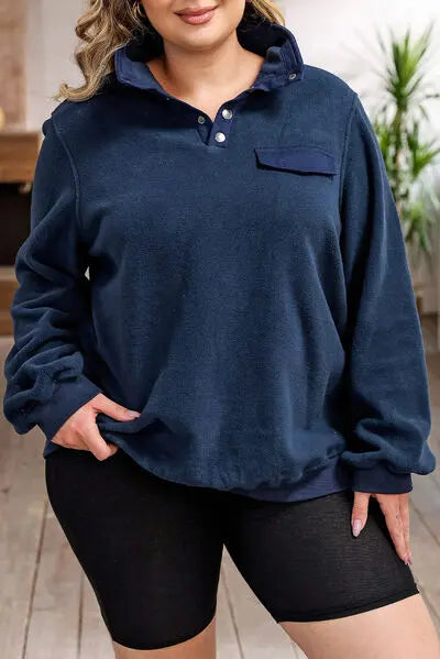 Plus Size Quarter Snap Long Sleeve Sweatshirt BLUE ZONE PLANET