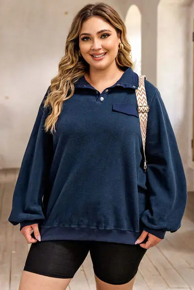 Plus Size Quarter Snap Long Sleeve Sweatshirt BLUE ZONE PLANET