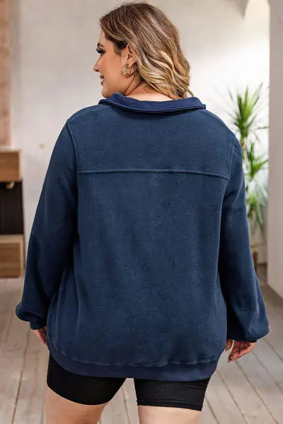 Plus Size Quarter Snap Long Sleeve Sweatshirt BLUE ZONE PLANET