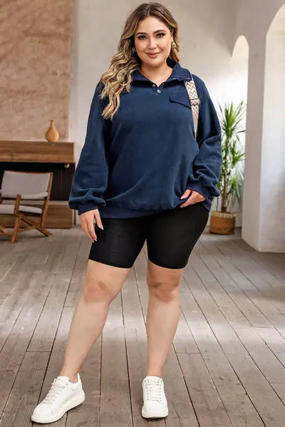 Plus Size Quarter Snap Long Sleeve Sweatshirt BLUE ZONE PLANET