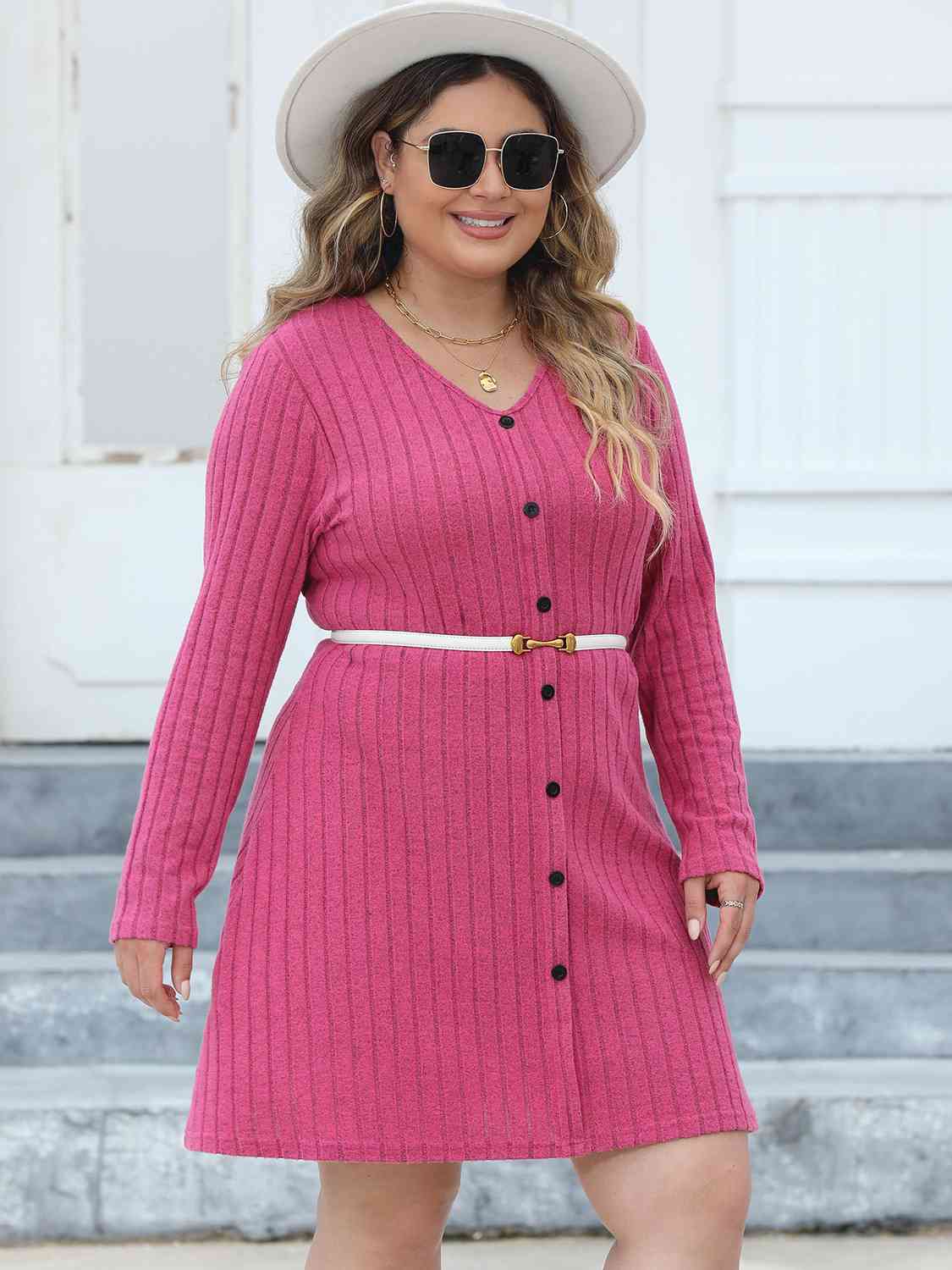 Plus Size Ribbed Buttoned V-Neck Long Sleeve Dress BLUE ZONE PLANET