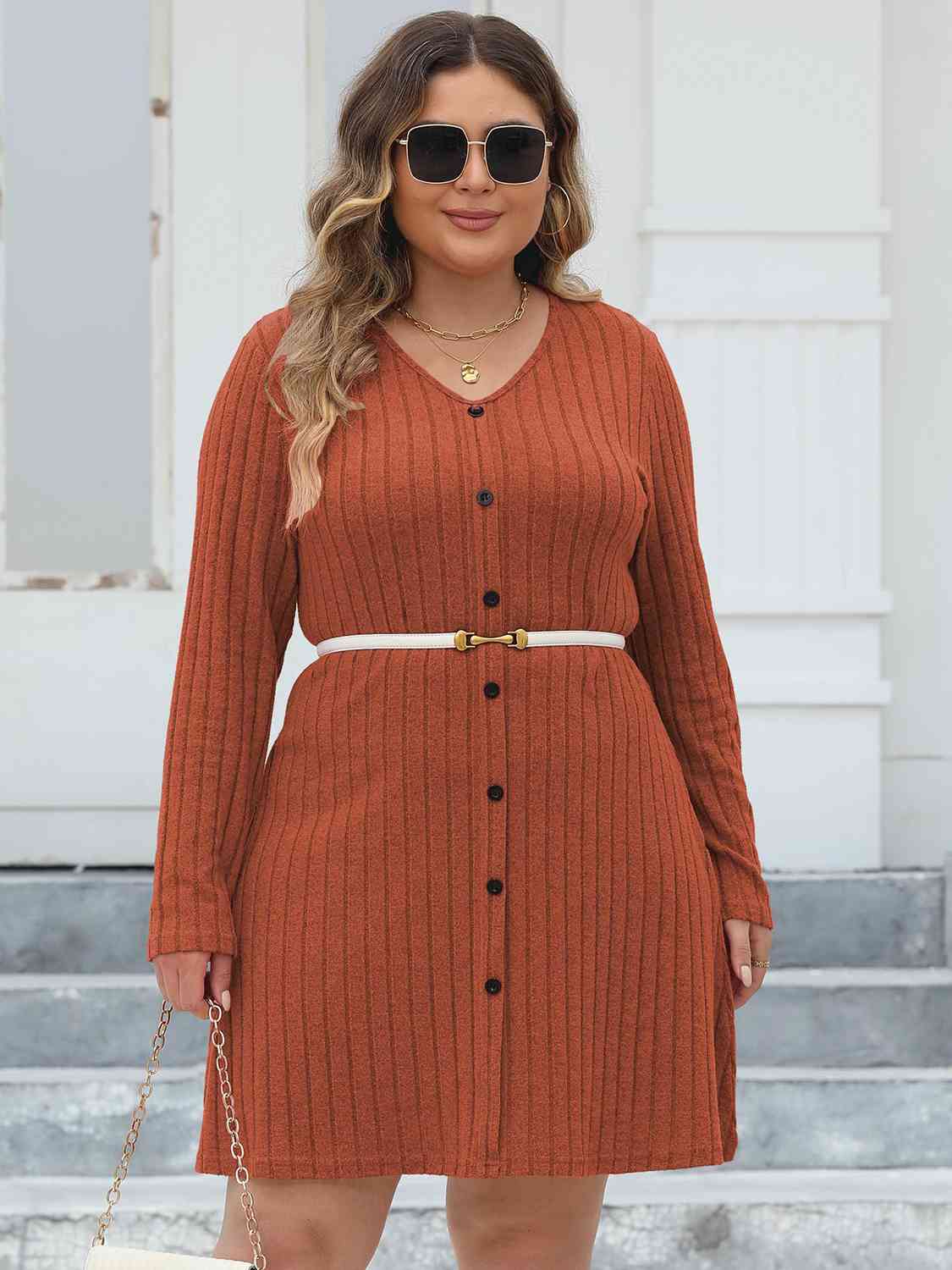 Plus Size Ribbed Buttoned V-Neck Long Sleeve Dress BLUE ZONE PLANET